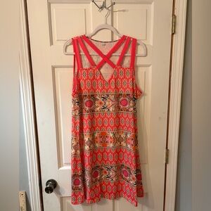 Exclusive Orange Pink Stretch Geometric Tribal Print Strapping Sundress. Size XL